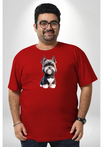 Angemiel Sevimli Beyaz Gri Köpek Kırmızı Büyük Beden Erkek Kadın Unisex Basic Ön Baskılı Tişört Kırmızı