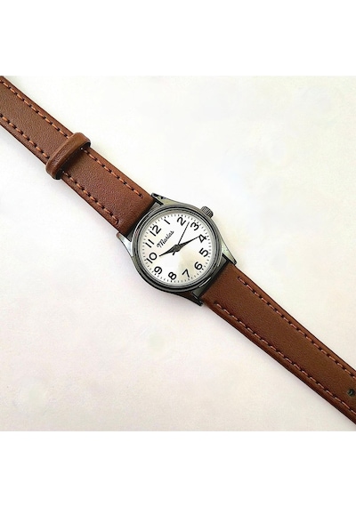Retro Kadın Kol Saati, Vintage Tasarım, Klasik Tasarım, Siyah Kasa, Minimal Tasarım, Kayışlı Açık Kahverengi Altın