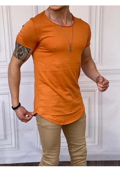 Modefendi Slim Fit Oval Kesim Pamuk Basic Tshırt Turuncu