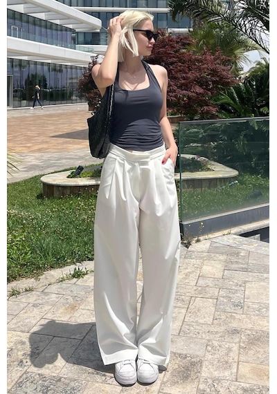 Madmext Beyaz Yüksek Bel Rahat Kesim Bol Paça Pantolon Mg2120-beyaz Beyaz