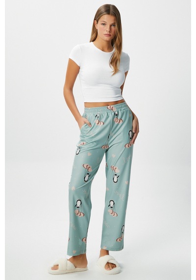 Kadın Teddi Ultra Yumuşak Cepli Mint Penguen Desen Yılbaşı Pijama Altı Mint