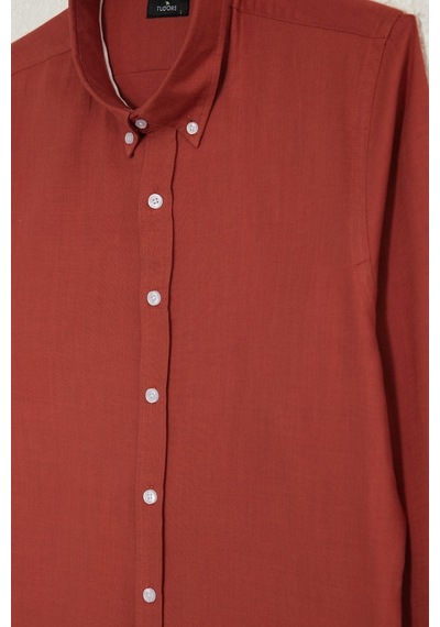 Tudors Erkek Slim Fit Dar Kesim %100 Pamuk Düğmeli Yaka Flam Keten Turuncu Gömlek-50275