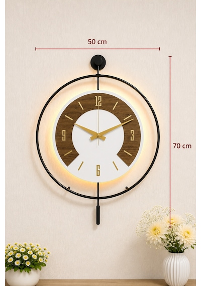 Pey Aksesuar 50x70 Cm Metal Ahşap Ve Işığın Muhteşem Uyumu Duvar Saati Dekoratif Ahşap-m54-siyah-beyaz-keçe-gold