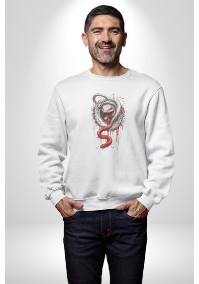 Beyaz Ve Kırmızı Yılan Unisex Beyaz Baskılı Sweatshirt Beyaz