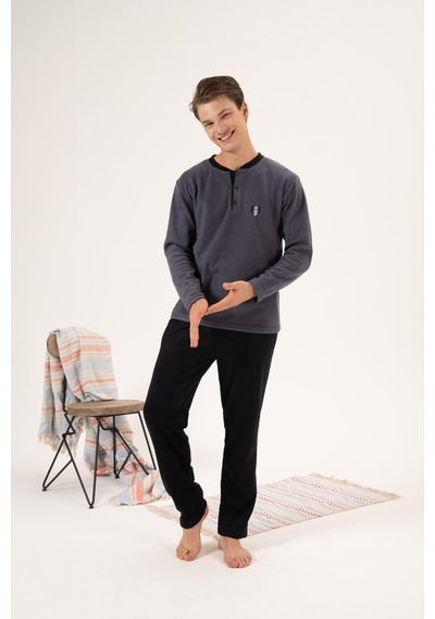 Estiva Erkek Kışlık Düğmeli Yaka Polar Pijama Takımı 001