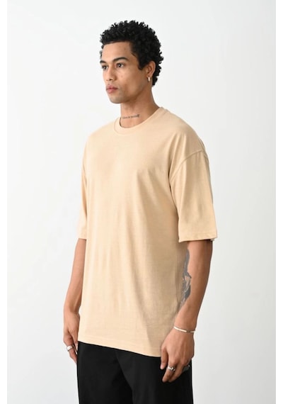 Erkek Tişört Düz Basic Penye Yazlık Bisiklet Yaka Kısa Kol T-shirt - Bej