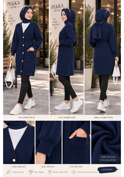 Aymiraa Kadın Angora Kumaş Beli Lastikli Uzun Tesettür Hırka Lacivert Lacivert
