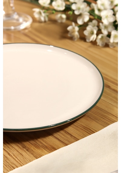 6'lı Valencia Servis Tabağı Pizza 32cm Yeşil Rim Rinart Krem