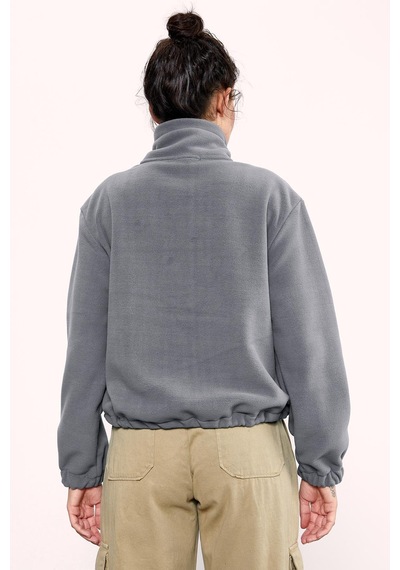 Tommy Life Gri Melanj Yarım Fermuar Etek Ucu Büzgülü Kadın Polar Oversize Sweatshirt - 97171 Gri Melanj