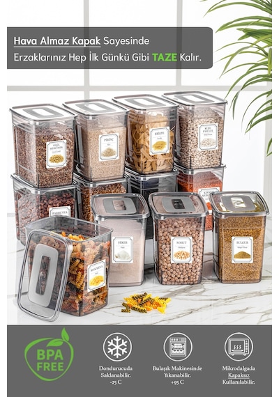 Meleni Home 12'li Mega Set - 3,5 Litre Lena Etiketli Erzak Saklama Kabı - Kiler Dolap Düzenleyici Bakliyat Kabı