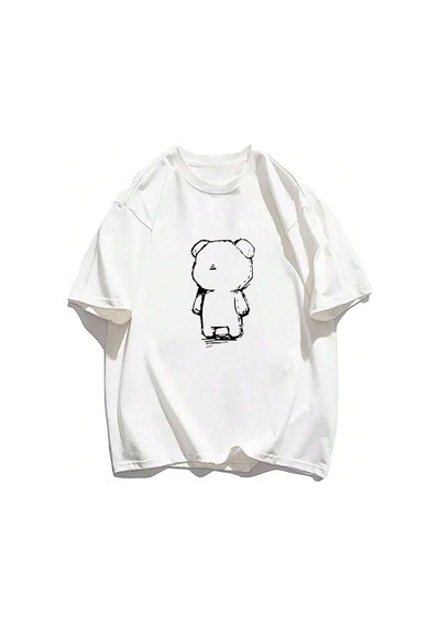 Lonely Bear Süprem T-shirt - Beyaz Baskılı Oversize Bisiklet Yaka Tişört Beyaz