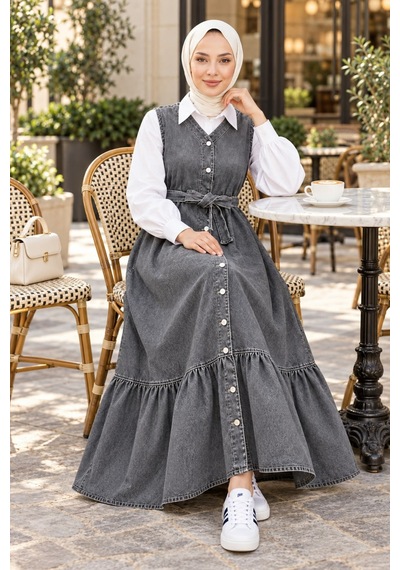 Hb Harma Time Butik Kadın Düğmeli Kuşaklı Eteği Fırfırlı Gri Kot Jile Gri Gri
