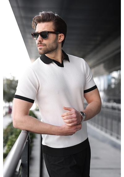 Madmext Beyaz Polo Yaka Triko Erkek Tişört E7464 Beyaz