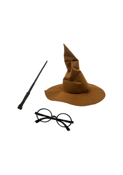 Harry Potter Gryffindor Kapişonlu Cübbe Çocuk Boy + Orjinal Keçeli Şapka + Asa + Gözlük 4 Parça Set