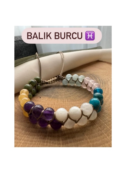 Sertifikalı Balık Burcu Çift Sıra Makrome Doğal Taş Bileklik Çok Renkli