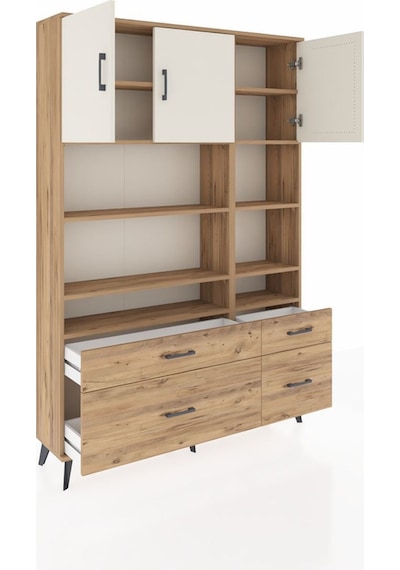 Arges Dolap 10 Raflı 4 Çekmeceli 3 Kapaklı 132x30x195 Çam-aytaşı/çam Aytası/atlas Çam