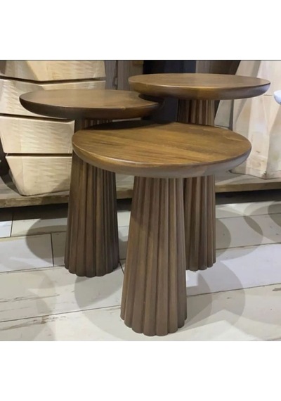 Wood 3 Lü Set Mantar Yan Sehpa Modern Ahşap Ceviz Renk Fiskos / Çiçeklik Ceviz