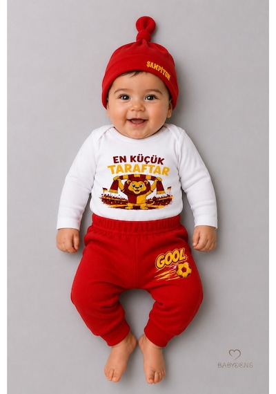 Babyden's %100 Pamuk Sarı Kırmızı En Küçük Taraftar 3'lü Yenidoğan Bebek Takımı Uzun Kollu Body Pantolon Şapka Seti