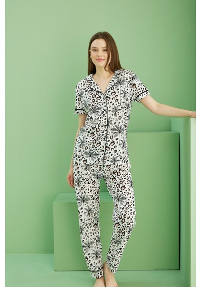 Siyah İnci Kısa Kollu Düğmeli Biyeli Pijama Takım7817 Beyaz Siyah Leopar