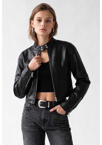 Mixray 2217 Kadın Dik Yaka Fermuarlı Deri Biker Ceket Siyah