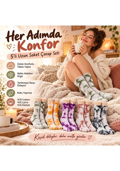 Womanandkids Wak Unisex Batik Desenli Çorap 5'li Set Renkli Pamuklu Uzun Soket Dikişsiz Nefes Alan Günlük Spor Çorabı Çok  Renkli