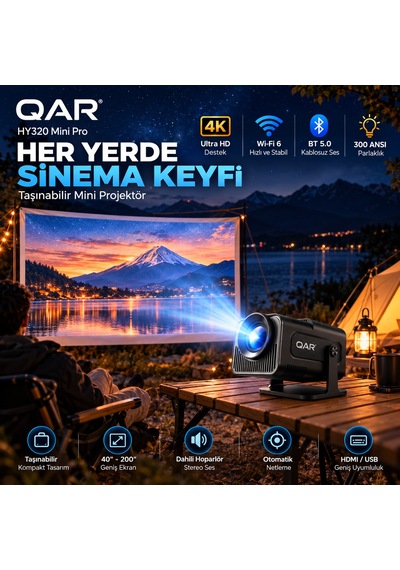Hy320 Mini Projeksiyon Cihazı Led Multimedya Ev Sineması Döner Standlı Hdmı Usb Girişli Taşınabilir Mini Projektör