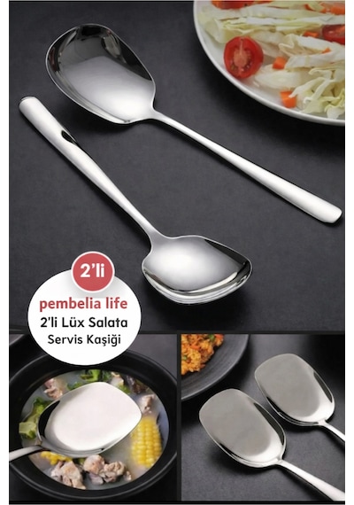 2 Adet Pratik 21 Cm Paslanmaz Çelik Lüx Servis Salata Kaşığı Spatula Çelik Yemek Servis Kaşık Gümüş Gümüş