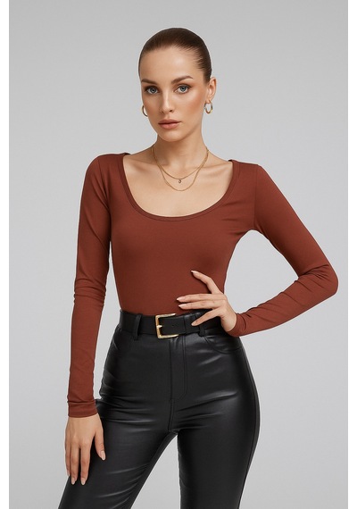 Rich Kadın Bordo U Yaka Uzun Kollu Bluz Bordo