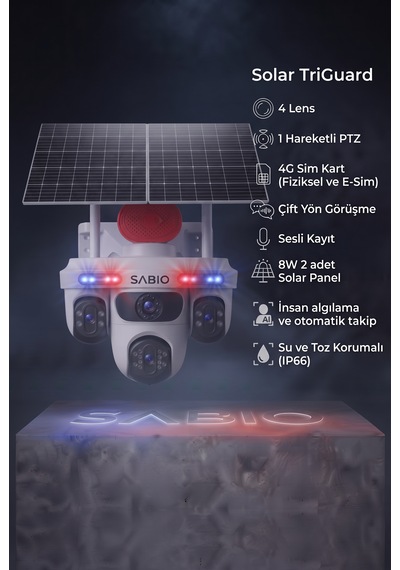 Sabio Solar Triguard 4 Lensli 4g Sim Kartlı Solar Panelli Güvenlik Kamerası