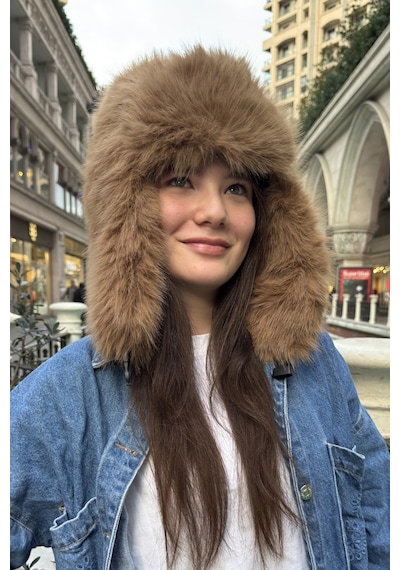 Mollycrush Camelpelüş Kürklü Genç Pilot Şapkası - Yumuşak Tüylü Kulaklı Ushanka Kahverengi