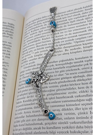 El Yapımı Cam Nazar Boncuğu Metal Yapraklı Dal Kitap Ayracı, Hedi