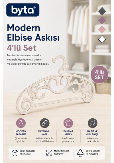 Modern Dekoratif Elbise Askısı 4'lü Set Dayanıklı Şık Tasarımlı Plastik Giysi Askısı Beyaz