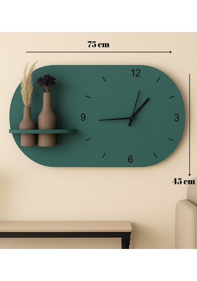 Modern Tasarım Raflı Nera Duvar Saati 75x45 Yeşil