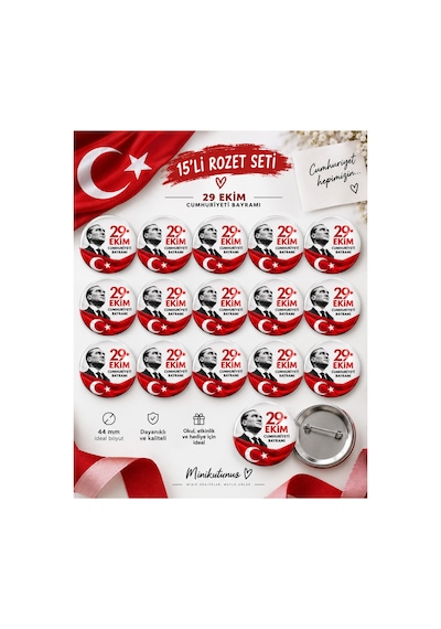 Minikutunuz 29 Ekim Cumhuriyet Bayramı Rozeti 15 Li Atatürk Türk Bayrağı Okul Öğrenci Yaka Rozeti 44 Mm Diğer