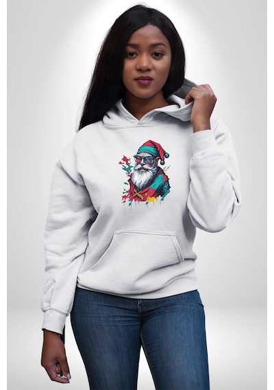 Renkli Noel Baba Yeni Nesil Gözlüklü Kadın Erkek Beyaz Kapüşonlu Sweatshirt Hoodie Beyaz
