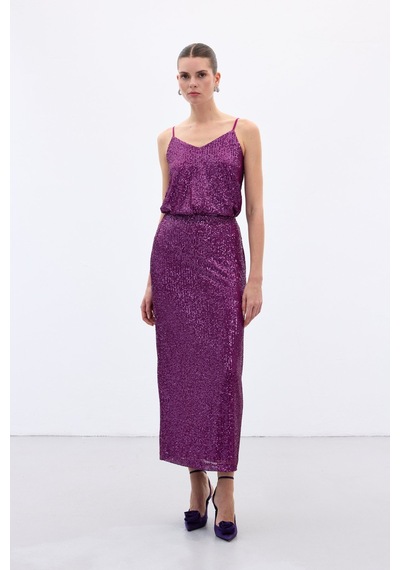 Sateen Karolin Midi Etek - Mürdüm-136654 Mürdüm