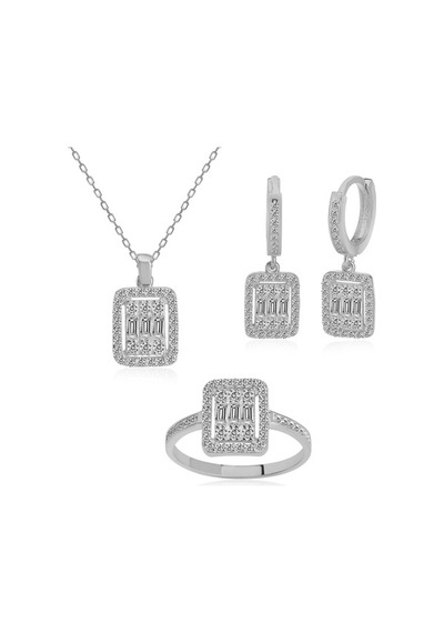 Baget Taşlı Rodyum Kaplama Üçlü Gümüş Set