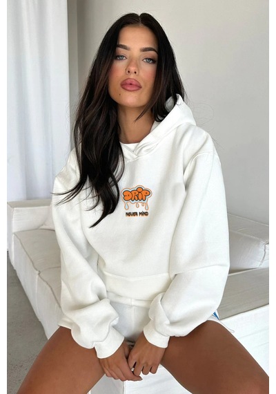 Oversize Pamuklu Hoodie - Drip Streetwear Tasarım Sweatshirt Beyaz