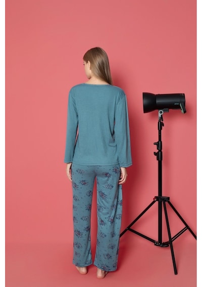 Lukitus Sıfır Yaka Pamuklu Düğmeli Kadın Pijama Takımı İnt-01 Mavi