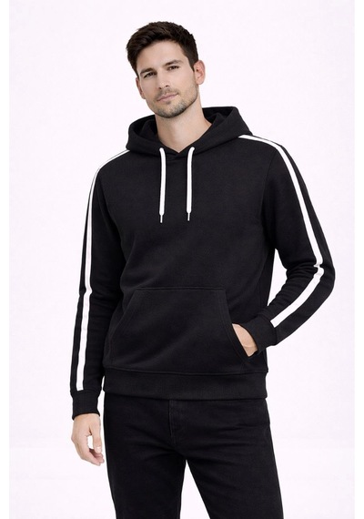Erkek Şeritli Kapüşonlu Sweatshirt Oversize 3 İplik Pamuklu Hoodei - Siyah