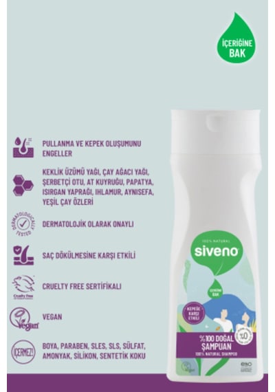Siveno %100 Doğal Kepeğe Karşı Etkili Şampuan Günlük Bakım Yağlı Saçlar Çay Ağacı Keklik Üzümü Vegan 300 ML