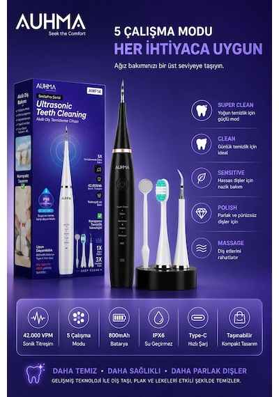 Zenvia Ultrasonic Şarjlı Elektrikli Akıllı Diş Temizleme Cihazı Beyazlatıcı 5 Mod 3+1 Başlık, Ipx8 Su Geçirme