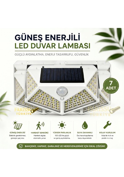 100 Led Solar Hareket Sensörlü Dış Mekan Bahçe Lambası 7 Adet