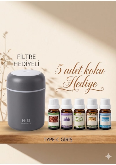 Ultrasonik Oda Ve Araç Hava Nemlendirici Buhar Makinesi Ve Aroma Difüzörü Koku - 5 Adet Koku Hediyeli