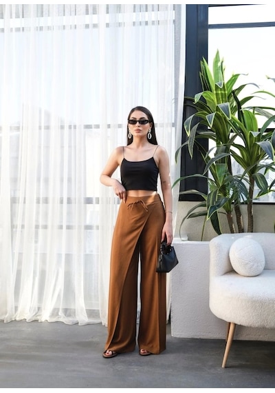 Defymoda Keten Önü Çapraz Parçali Lasti Kli Ve Bağcikli Geni Ş Paça Pantolon Taba
