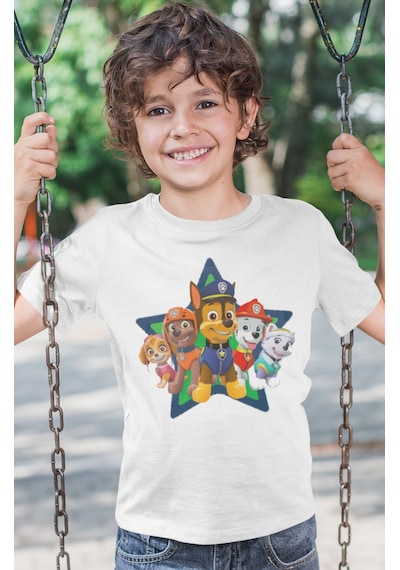 Sevbano Paw Petrol Baskılı Unisex Çizgi Film Çocuk Tişört 1-12 Yaş Beyaz