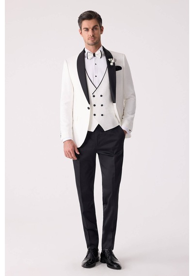 Ysf Erkek Beyaz Damatlık Slim Fit Kırlangıç Yaka Desenli