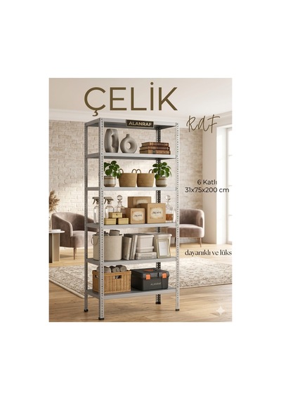 Çelik Raf 6 Katlı 31x75x200 Raf Sistemleri, Depo Rafı, Arşiv Rafı, Kiler Rafı, Çok Amaçlı Raf Gri
