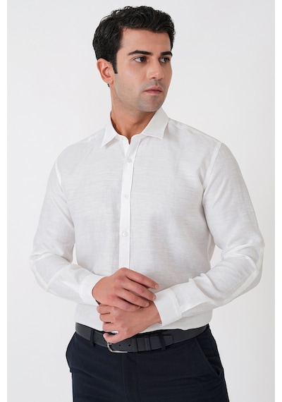 Comfort Fit Spor Yaka Kolu Katlanabilir Ekru Keten Gömlek G 1612