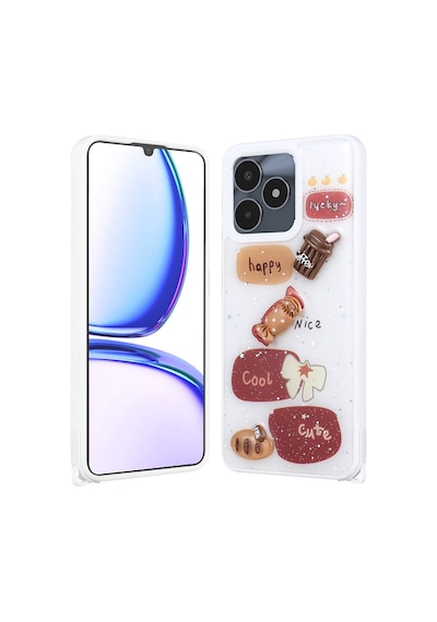 Zore Realme C53 4g Kılıf Parlayan Sıvılı Simli Kabartma Figürlü Nvth Cevze Kapak-beyaz